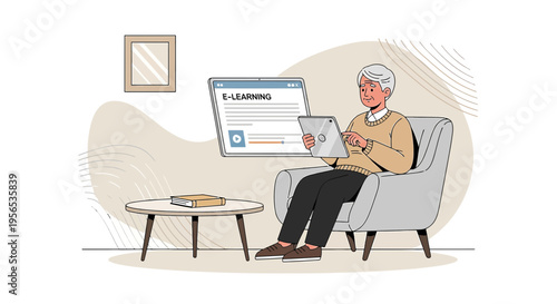 Senior man engaging in e-learning on a tablet, illustrating digital literacy and lifelong learning
