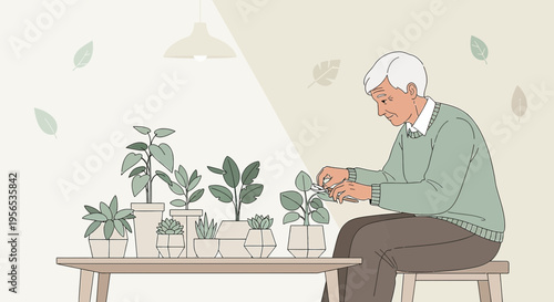Senior man caring for houseplants is a relaxing and fulfilling hobby or pastime