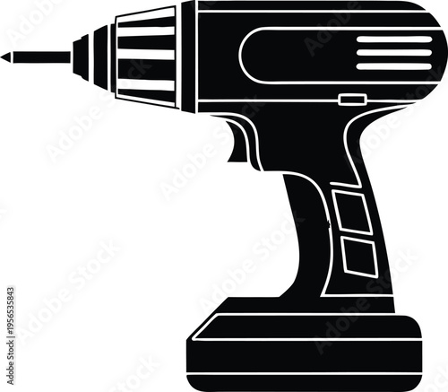 A black and white silhouette graphic of a modern cordless power drill isolated on white background Vector, illustration