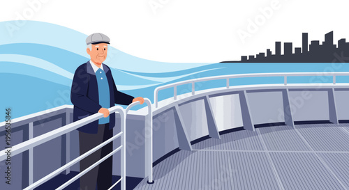 Senior man enjoying scenic cruise along the water towards distant cityscapes during sunset