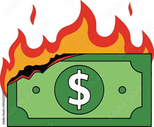 Single Green Dollar Bill Catching Fire with Vibrant Orange and Red Flames, Concept of Economic Loss or Inflation Vector Illustration