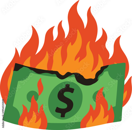 Green Dollar Bill Engulfed in Large Intense Orange Flames with Charred Edges, Dramatic Financial Crisis and Inflation Vector Illustration