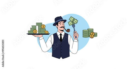 Sophisticated man with a mustache and pipe holding a tray of cash and a fork with dollar bills to symbolize wealth.
