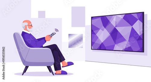 Senior Man Enjoys Television Time from Armchair, Modern Interior and Relaxation Depicted