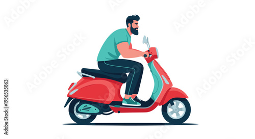 Bearded man wearing a green shirt and dark pants riding a red motor scooter through the city for fast transportation.