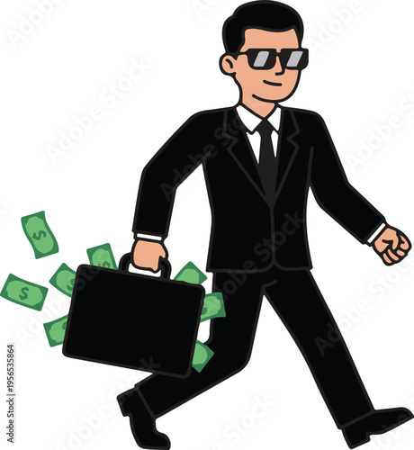Smirking Secret Agent Businessman in Black Suit and Sunglasses Carrying a Briefcase Leaking Green Cash Bills, Bold Outlined Wealth and Success Vector Illustration