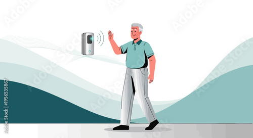 Senior Man Interacting with Touchless Technology and Modern Design Elements for Accessibility and