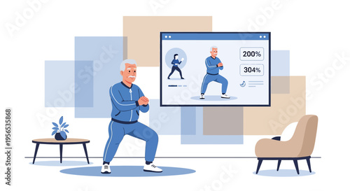 Senior man follows online exercise class to maintain his fitness and vitality at home