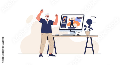 Senior man cheerfully participates in online fitness class at home with enthusiasm