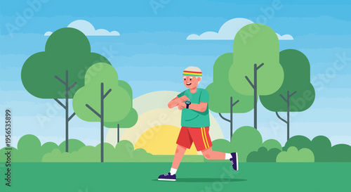 Senior man jogging in the park checking his smartwatch promoting an active lifestyle and outdoor