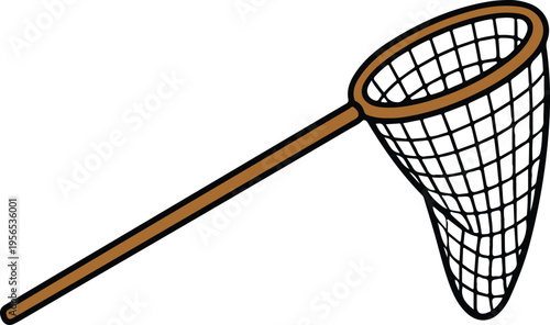 Simple Long-Handled Butterfly Net with Brown Frame and White Mesh, Outdoors and Nature Exploration Vector Illustration