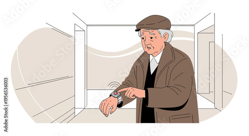 Senior activating smart watch in emergency with modern safety technology integration
