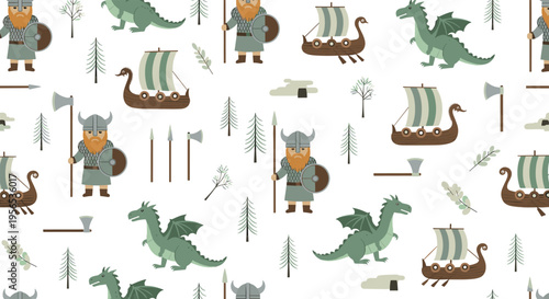 Seamless pattern background featuring cute viking warriors, green dragons, wooden longships, and forest elements on white.