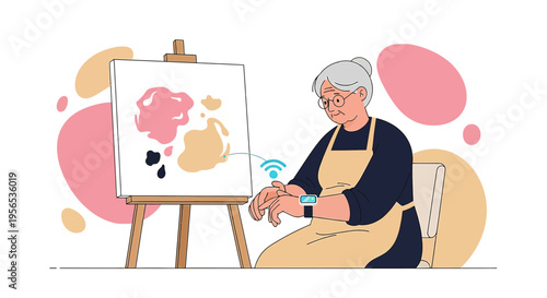 Senior artist creating abstract artwork with smart watch assistance in digital canvas