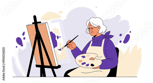 Senior artist immersed in creative endeavor capturing vibrant hues with brushstrokes