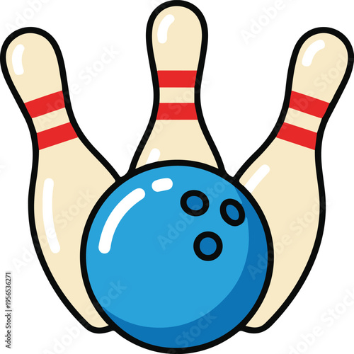 Bowling ball and pins with red stripes, sporty cartoon vector illustration