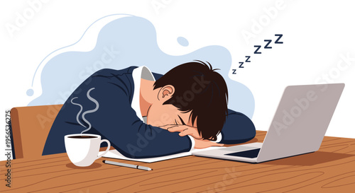 Overworked man sleeping at his office desk next to a laptop and a cup of steaming coffee representing exhaustion or burnout.