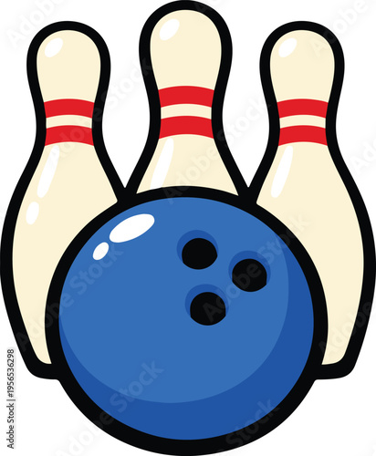 Bowling ball and tenpins with bold outlines and highlights, sporty vector illustration