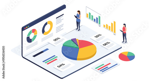 Business data analysis dashboard showing various colorful charts graphs and statistics with professional analysts working.