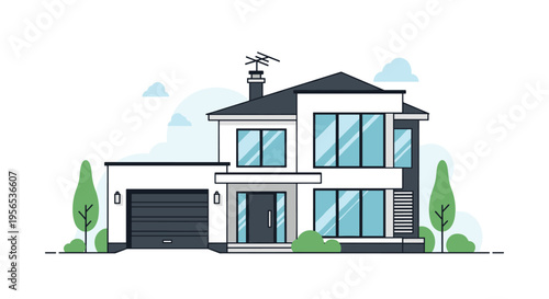 Modern two-story residential house design with white walls large windows and a spacious black garage door on a clear day.