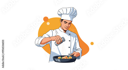 Professional male chef wearing a white uniform and hat adding salt or spice to a cooking pan for a gourmet meal preparation.