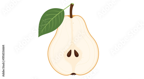 Half of a fresh green pear with seeds and a single leaf showing a clean cut and juicy texture on white background.