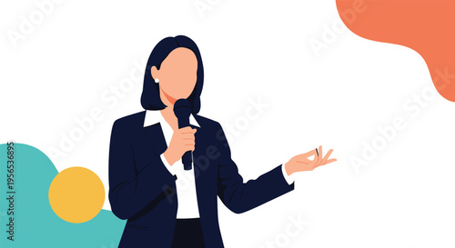 Confident female professional in a suit speaking into a microphone during a public presentation or business conference event.