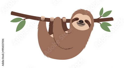 Adorable brown sloth hanging lazily from a tree branch with green leaves in a peaceful and relaxed outdoor scene.
