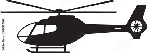 A detailed black silhouette icon of a modern helicopter shown in profile against a white background Vector, illustration