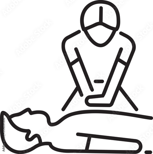 Emergency Aid: a monochrome illustration depicts a healthcare provider administering CPR to a patient, conveying the importance of immediate care and life-saving techniques.