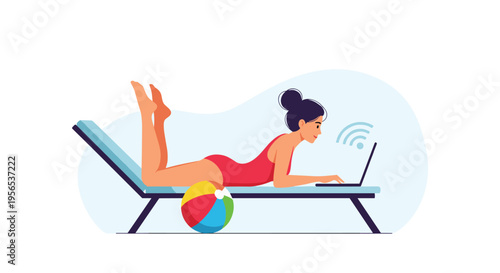 Young woman in a swimsuit lying on a sun lounger at the beach while working on a laptop with a wifi signal icon.