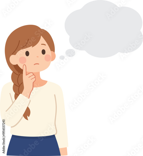 Pensive Young Woman with Auburn Braid and Finger on Chin in Thoughtful Pose, Flat Cartoon Design Style vector illustration

