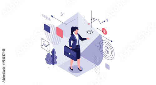 Businesswoman standing in a futuristic isometric environment surrounded by financial data charts and monetary symbols representing global trade.