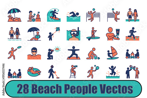 Summer Beach Activities Icon Set, Flat Design Vacation Tourism Vector, Swimming Surfing Snorkelling Yoga Volleyball Windsurfing, Family Holiday Recreation Pictogram, Coral Teal Colour Palette Symbols