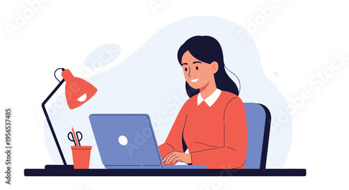 Young woman sitting at a desk and working on a laptop with a red desk lamp and stationery in a clean flat vector illustration.