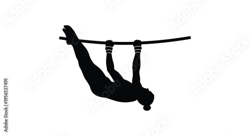 Athlete performing a gymnastic skill on a horizontal bar silhouette