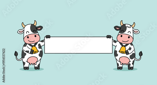 Pair of cute spotted cartoon cows holding a long blank white banner for custom messages or advertisements in a friendly farm style.