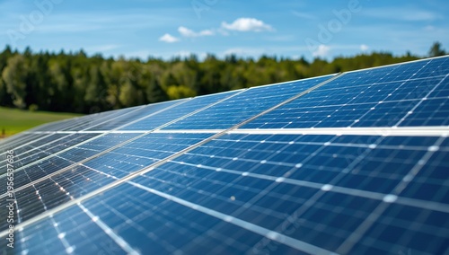 Detailed view of solar panels in a countryside area producing clean energy from sunlight, with indistinct green trees and sky behind.