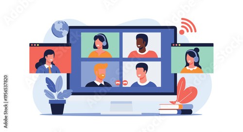 Computer monitor displaying a group video call with four diverse people for remote work, education, or social networking purposes.