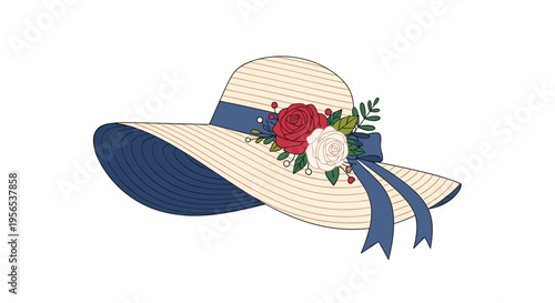 Elegant wide-brimmed straw sun hat decorated with red and white roses and a blue ribbon for a stylish summer fashion accessory.