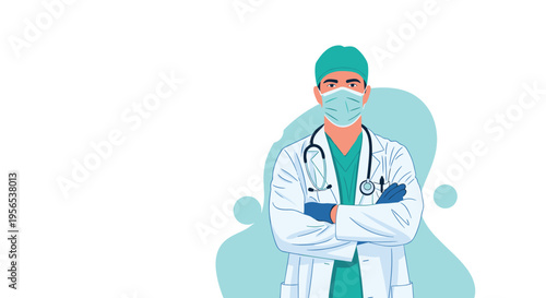 Male doctor wearing a green surgical cap, a medical face mask, and a white coat with a stethoscope around his neck for healthcare safety.