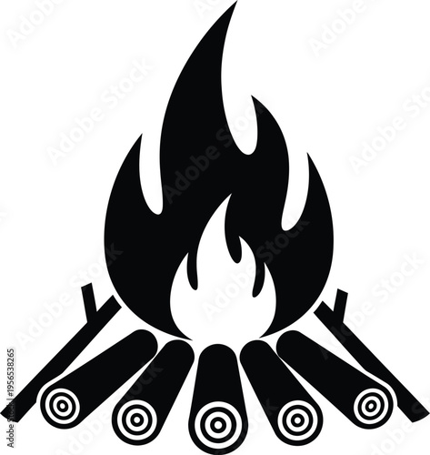 A black and white icon of a campfire with logs
