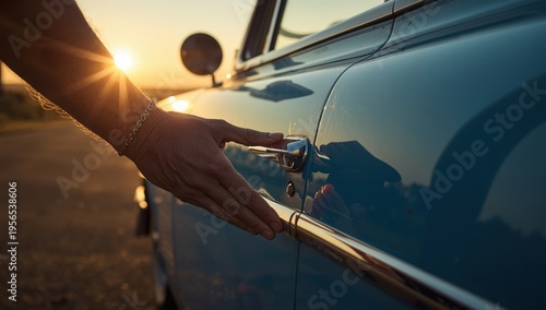 An elderly person reaches for the door handle of a vintage blue car, evoking nostalgia in an aging society.