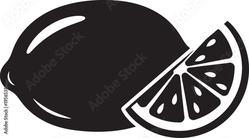 A minimalist black and white vector illustration of a whole lemon with a single sliced wedge icon Vector, illustration