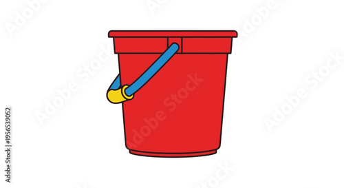 A colorful drawing of a red bucket with a blue handle silhouette