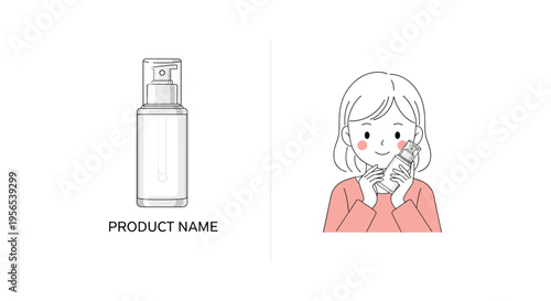 Woman applying facial spray in minimalist flat illustration style with soft pastel colors in simple line art format for skincare advertising