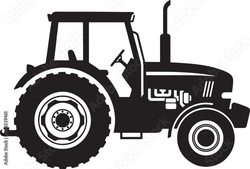 A detailed black silhouette icon of a modern agricultural farm tractor isolated on white background Vector, illustration
