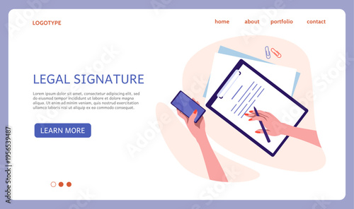 Contract legal signature. Website landing page design. Business agreement conclusion. Partner signing documents. Businessman hands with papers and pen. Desk top view. Vector background
