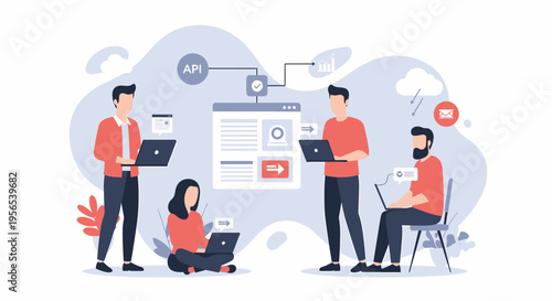 A group of people working together on a project using laptops and technology.