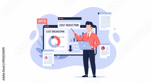 A male presenter is explaining cost reduction strategies on a large screen with charts and data.